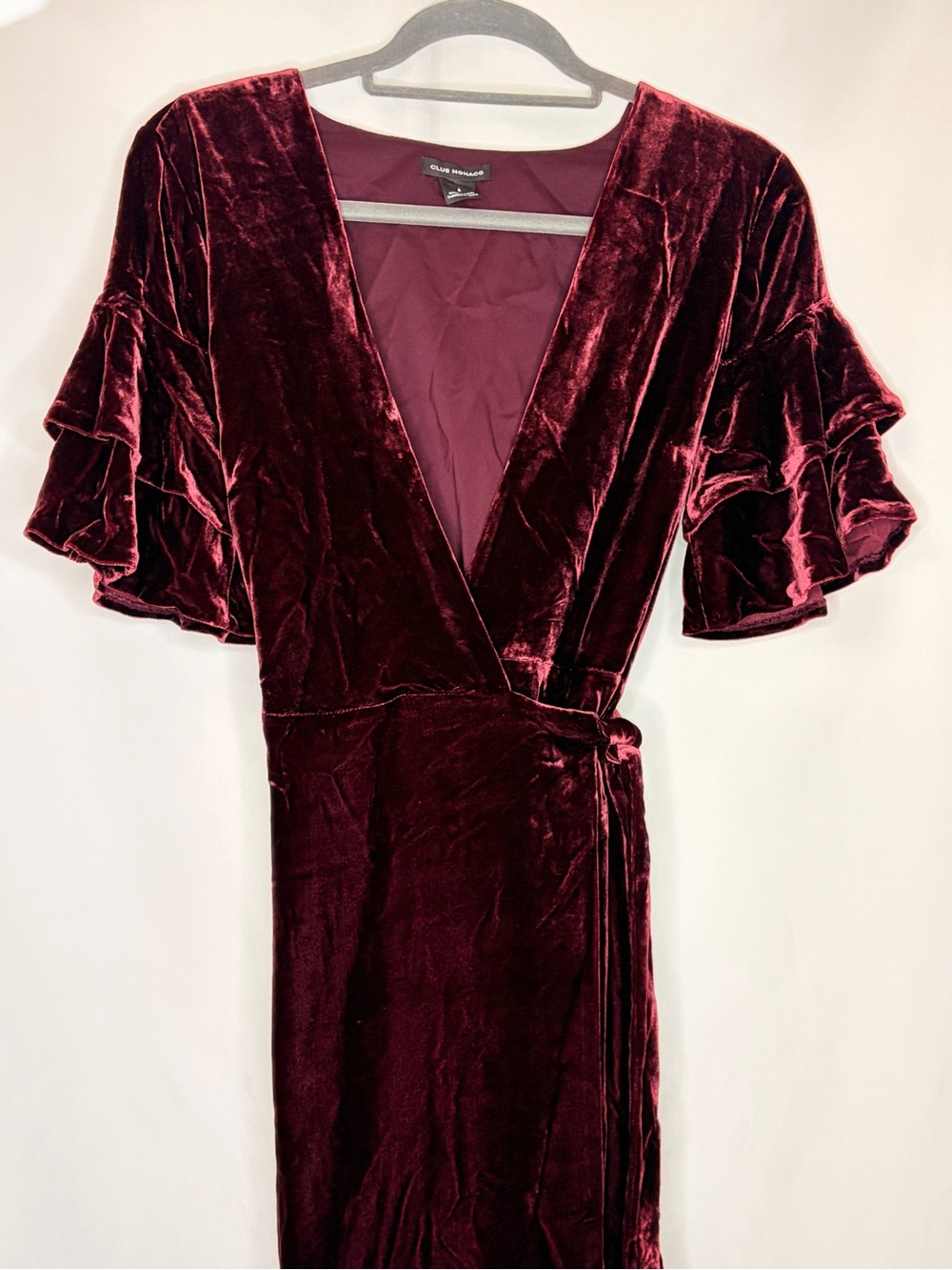 Club Monaco Tay Velvet Wrap Midi Dress Burgundy Silk Blend Meghan Markle 6 - Picture 9 of 14